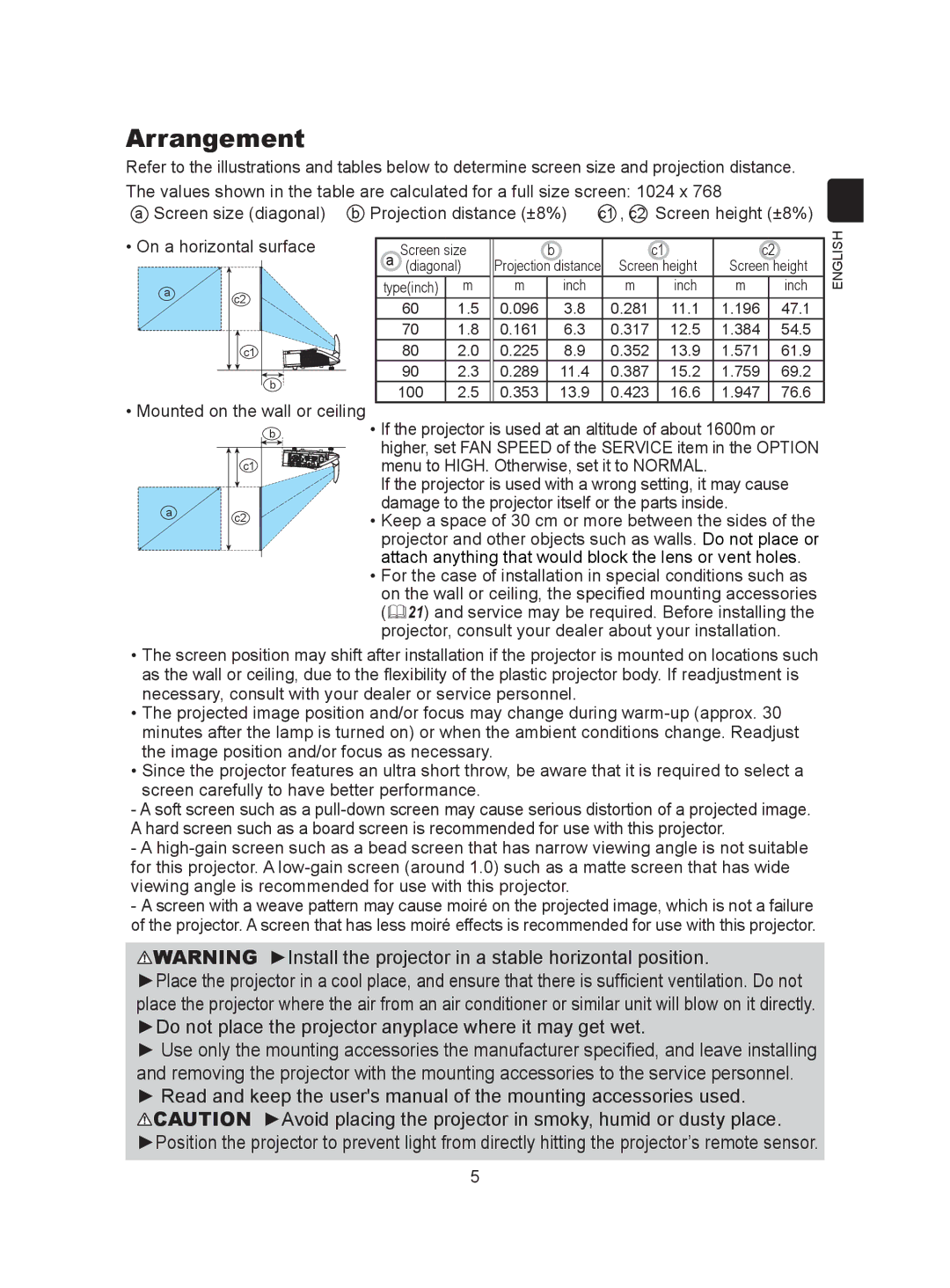 Hitachi CP-A300N user manual Arrangement, On a horizontal surface 