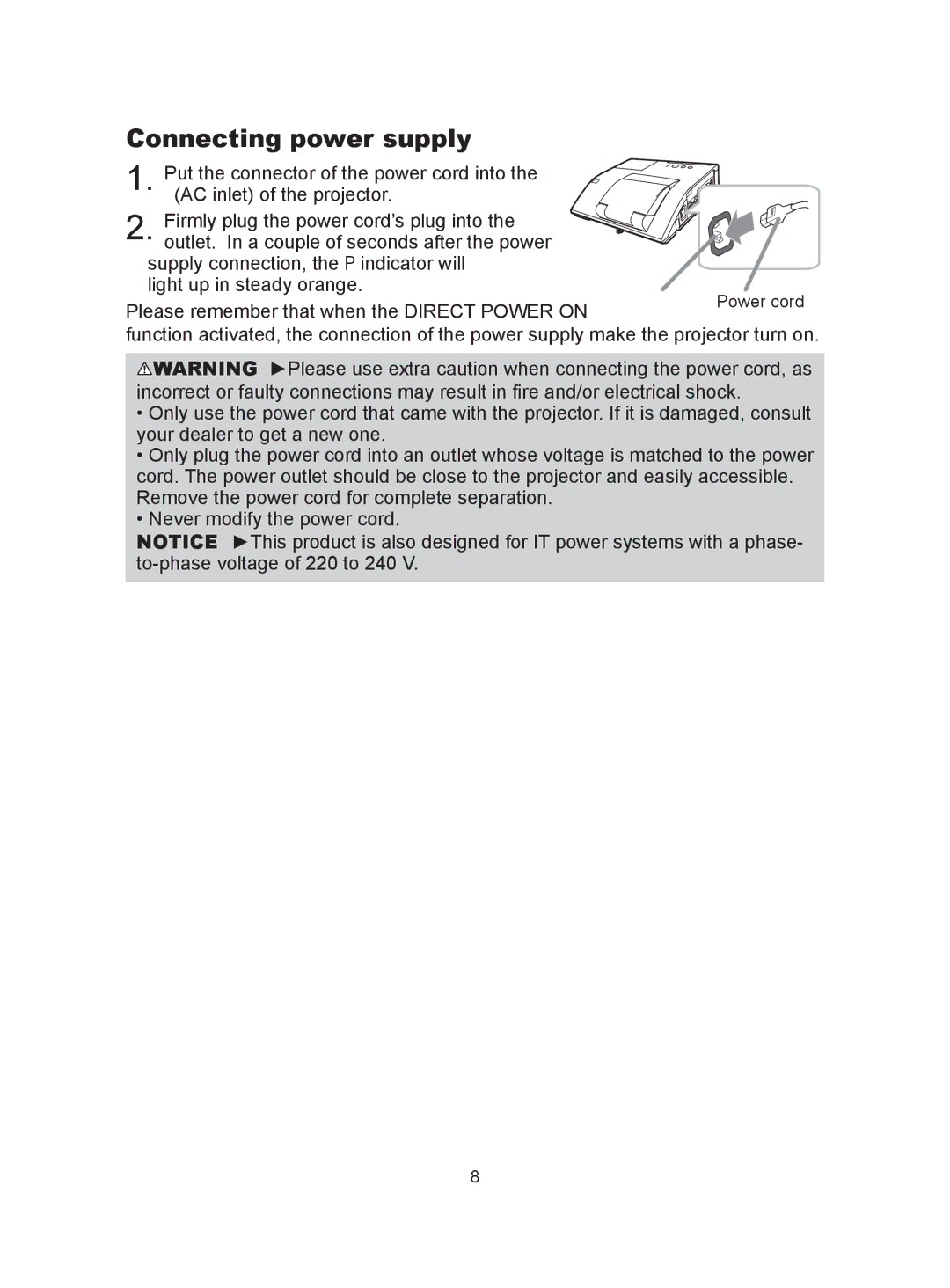 Hitachi CP-A300N user manual Connecting power supply 