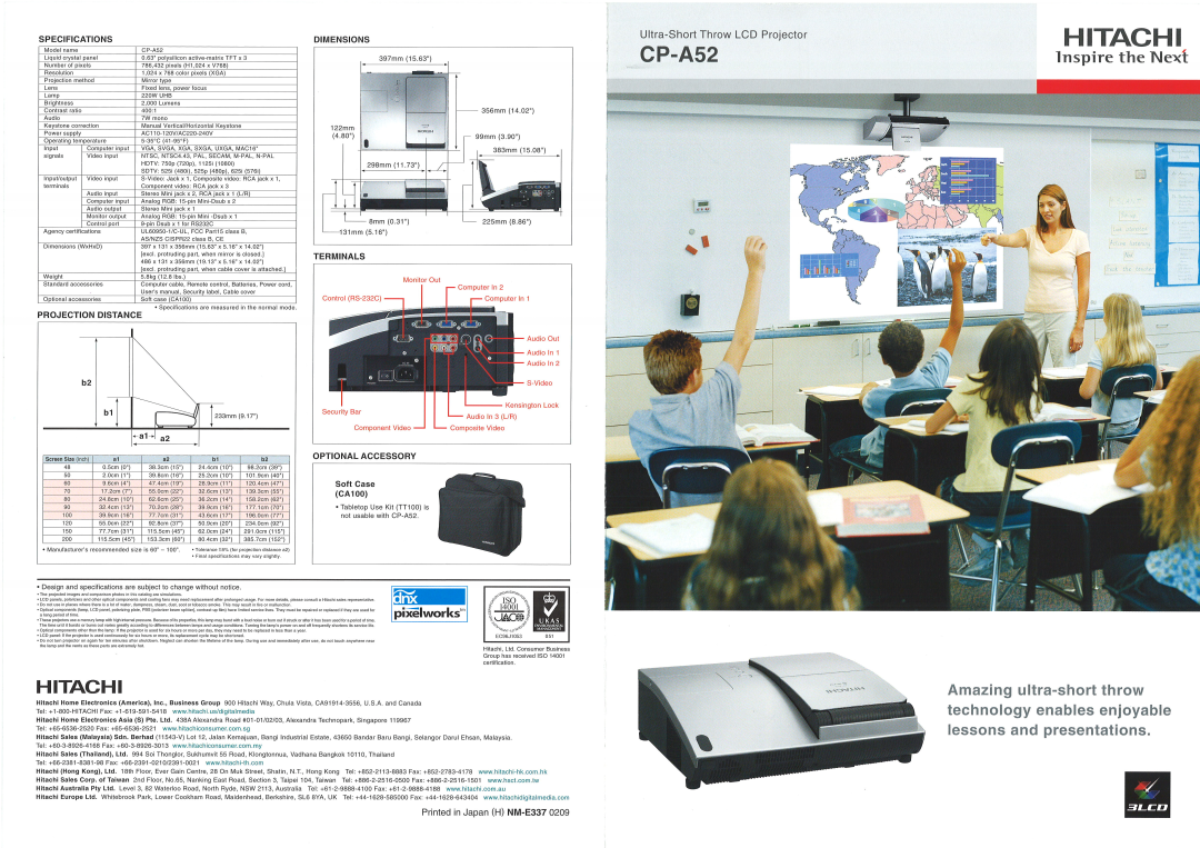 Hitachi CP-A52 specifications cP-A52, lessons and presentations, Ultra-ShortThrow LCD Projector, Soft Case, c4100, Hitachi 
