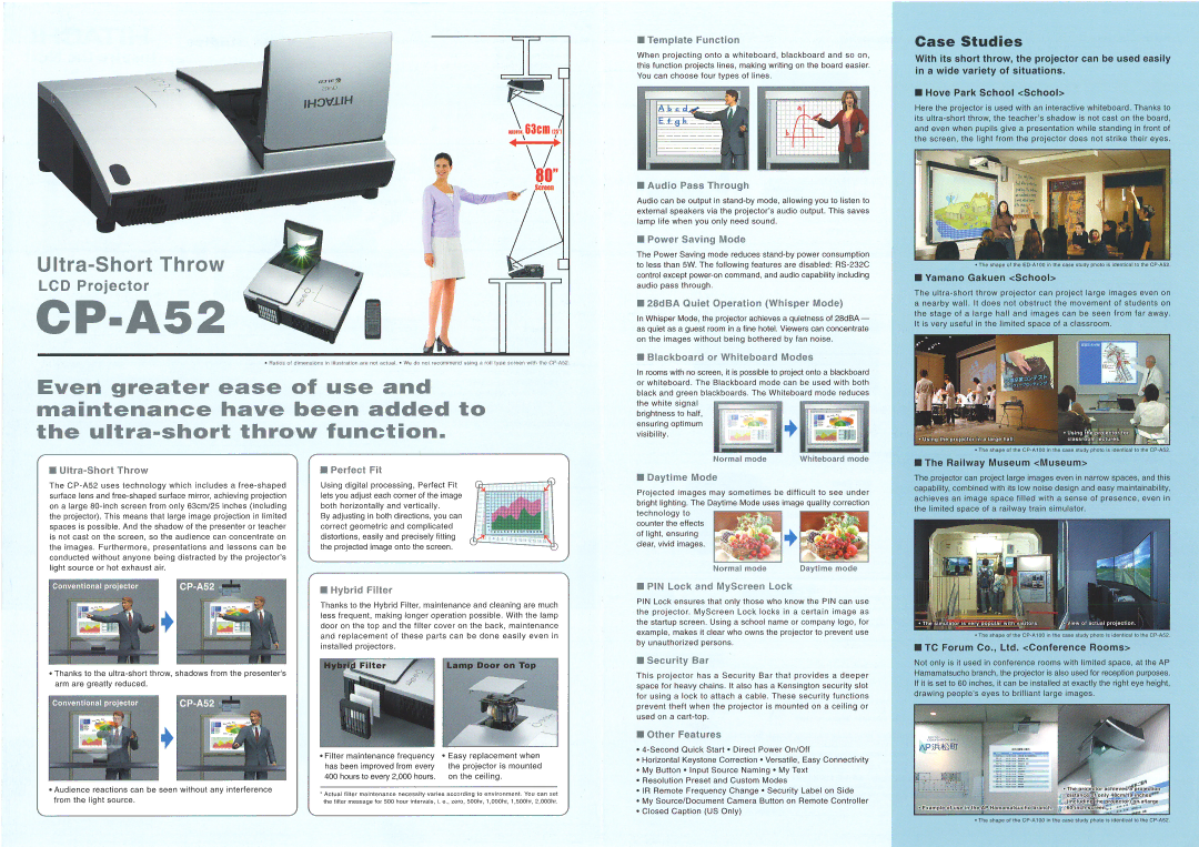 Hitachi CP-A52 Ultra-Short Throw Perfect Fit, Hybrid Filter, Power Saving Mode, I28dBA Quiet Operation Whisper Mode 