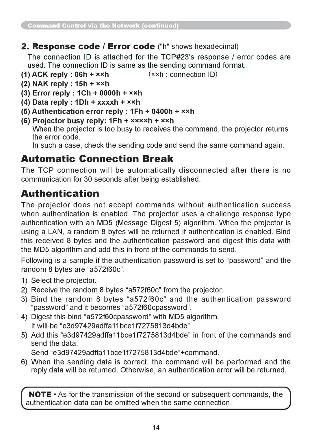 Hitachi CP-AW250N user manual Automatic Connection Break, Authentication 