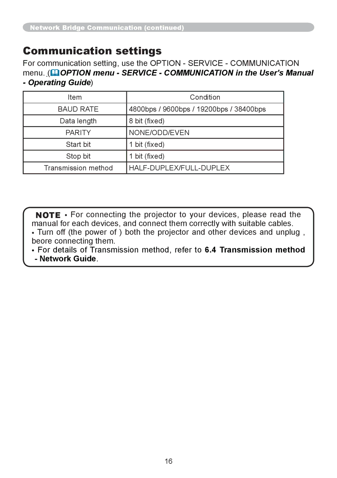 Hitachi CP-AW250N user manual Communication settings, Operating Guide 