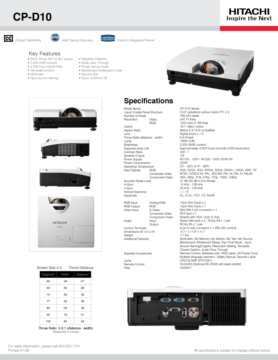 Hitachi CP-D10 specifications Specifications, Key Features, Throw Distance, Rgb 