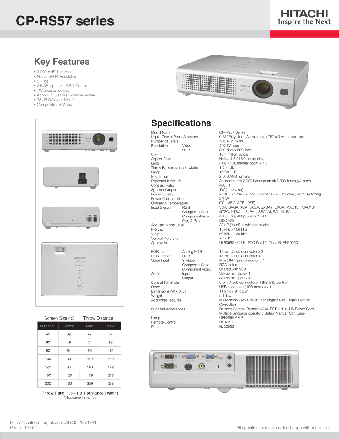 Hitachi specifications CP-RS57 series, Key Features, Speciﬁcations, Screen Size Throw Distance 