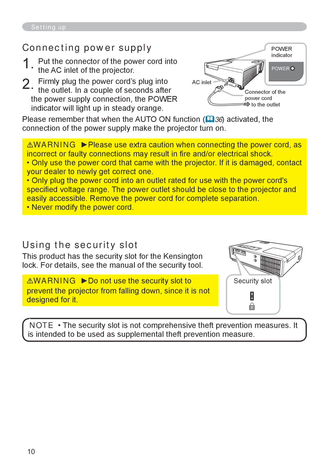 Hitachi CP-RX70 user manual Connecting power supply, Using the security slot, Security slot 