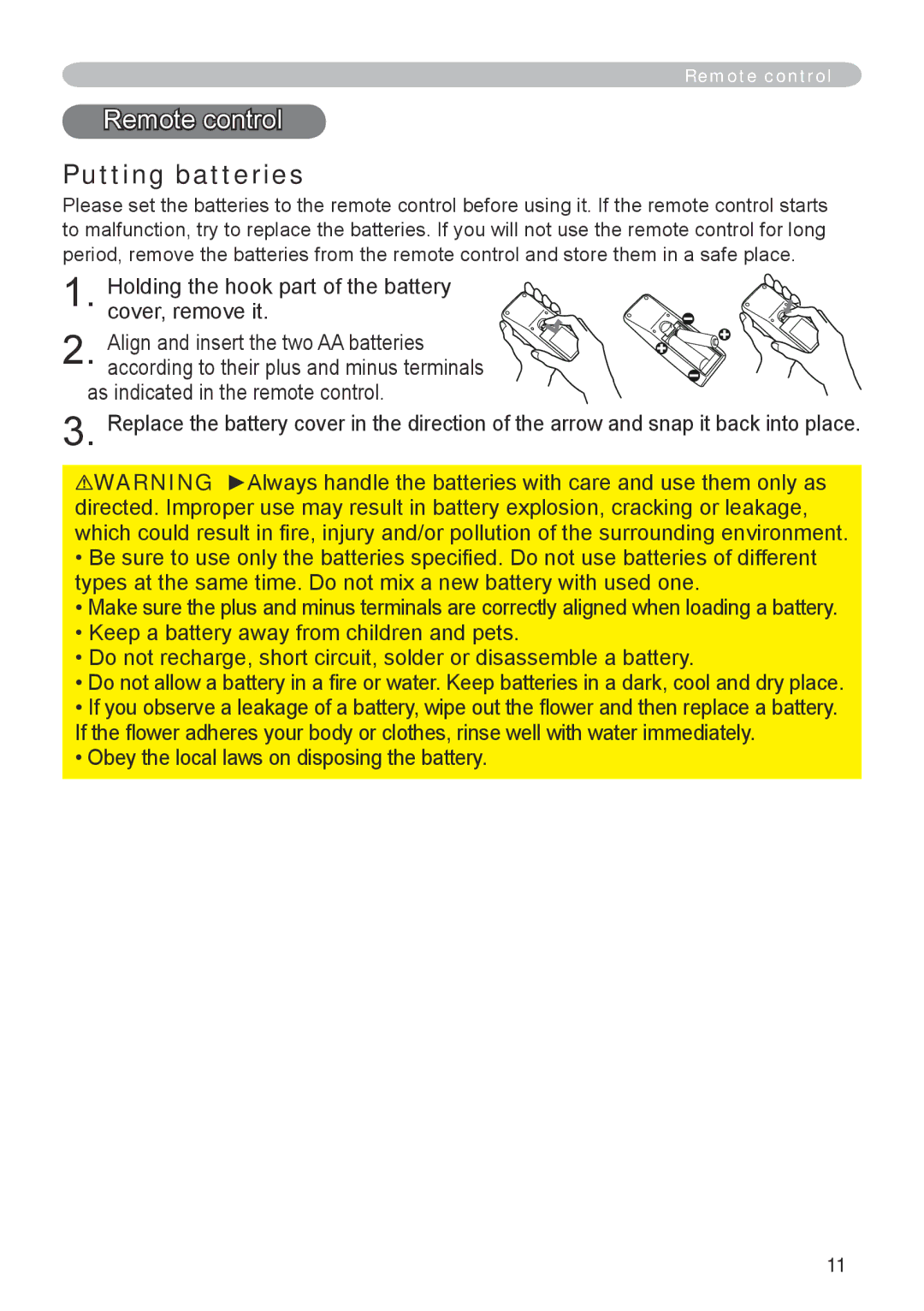 Hitachi CP-RX70 user manual Remote control, Putting batteries 