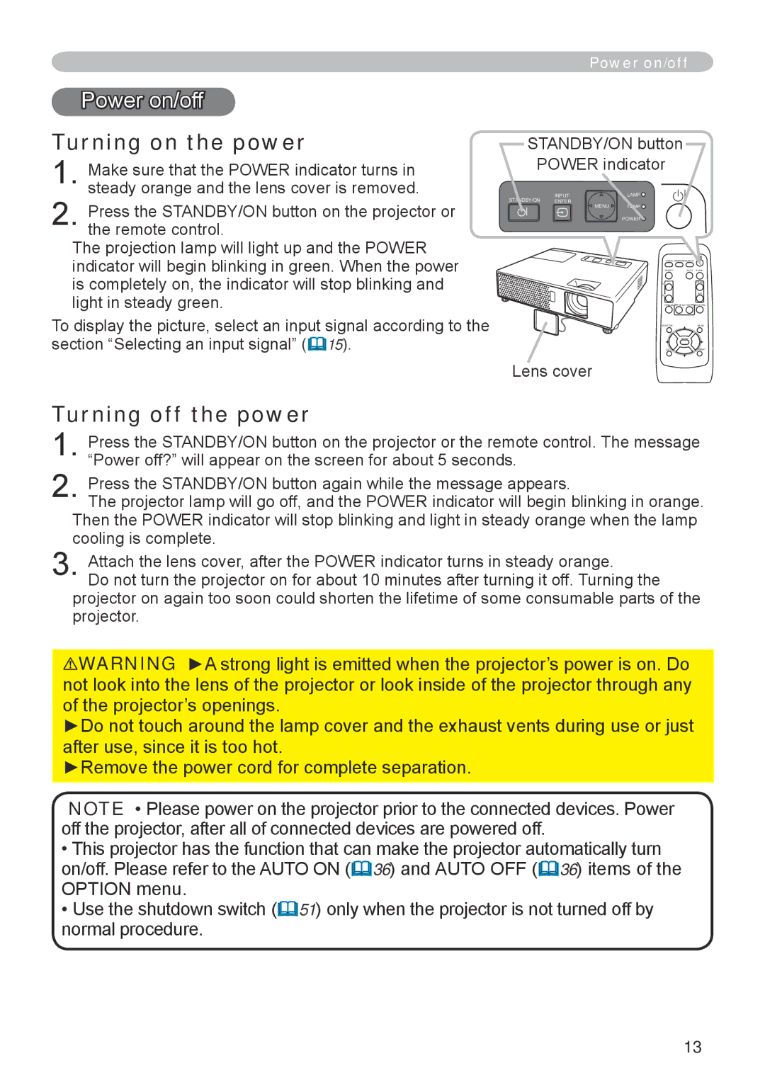 Hitachi CP-RX70 user manual Power on/off, Turning on the power, Turning off the power 