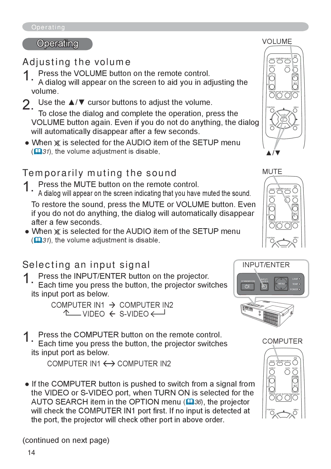 Hitachi CP-RX70 user manual Operating, Adjusting the volume, Temporarily muting the sound, Selecting an input signal 