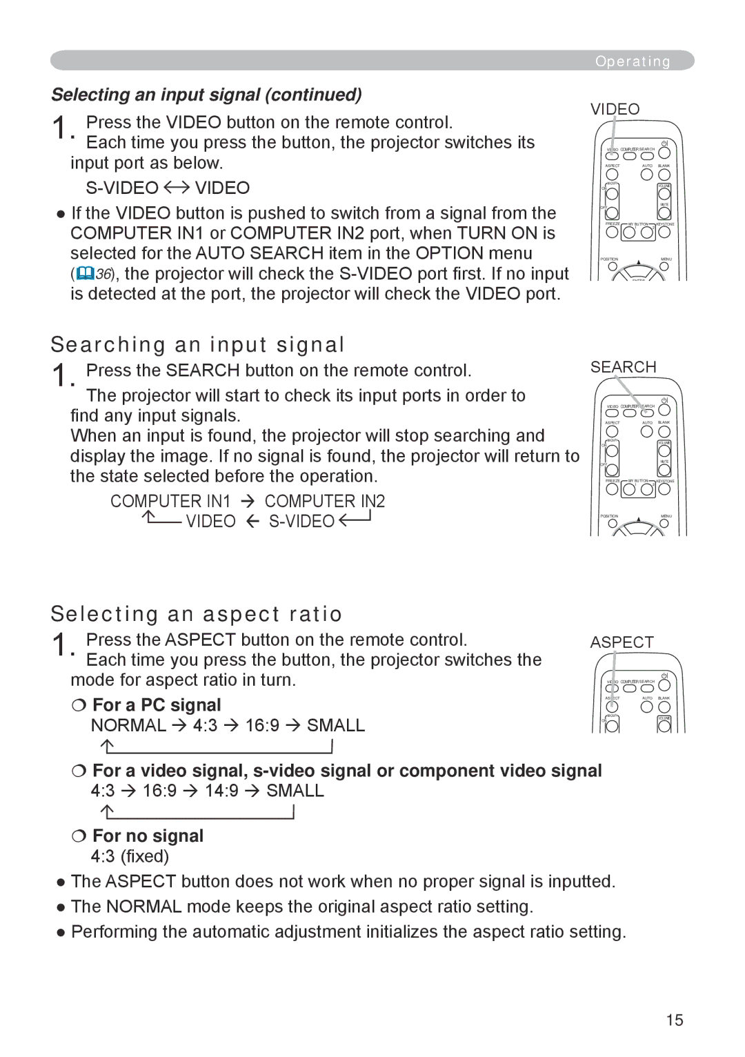 Hitachi CP-RX70 Searching an input signal, Selecting an aspect ratio, Selecting an input signal,  For a PC signal 