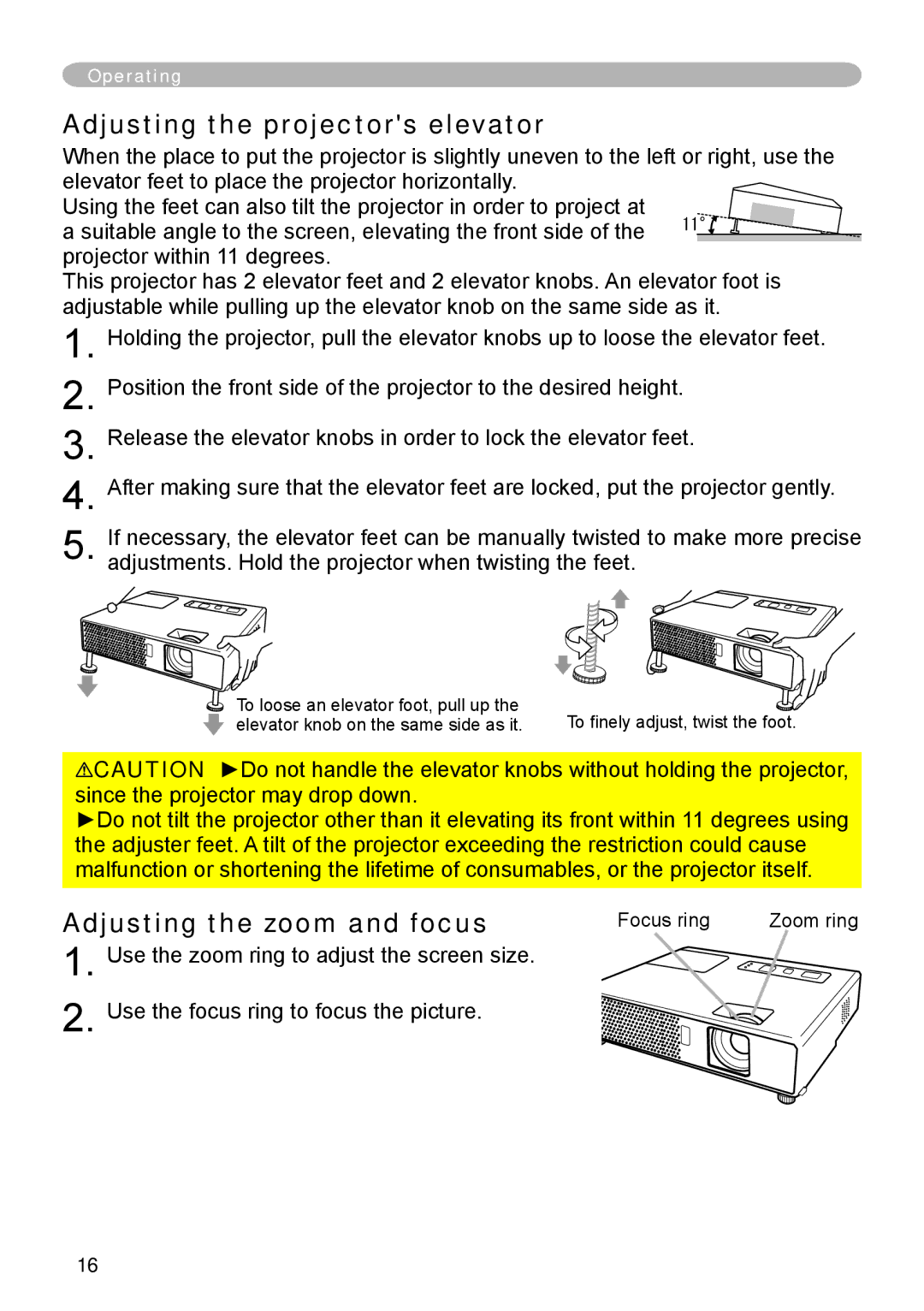 Hitachi CP-RX70 user manual Adjusting the projectors elevator, Adjusting the zoom and focus, Focus ring 