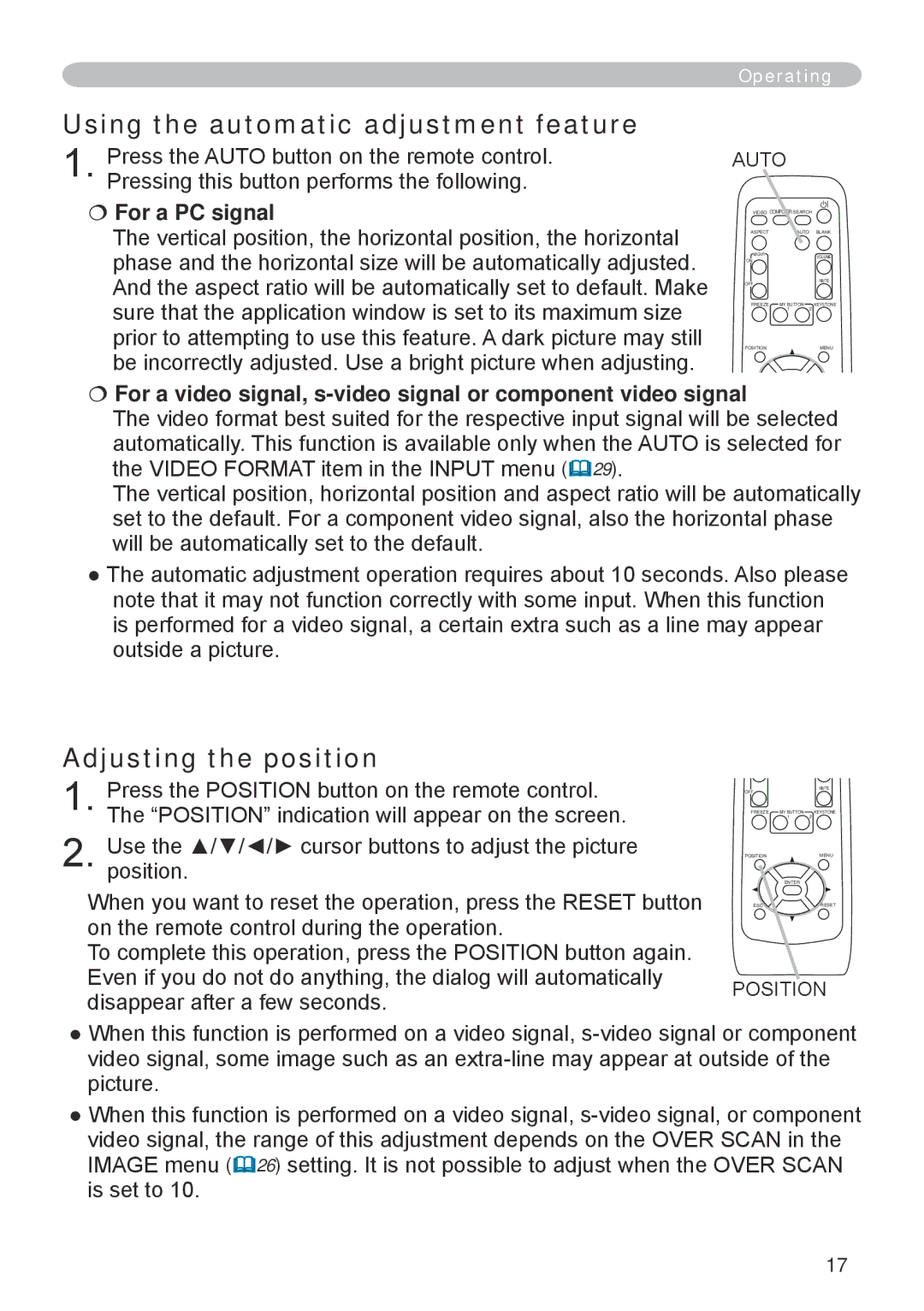 Hitachi CP-RX70 user manual Using the automatic adjustment feature, Adjusting the position 