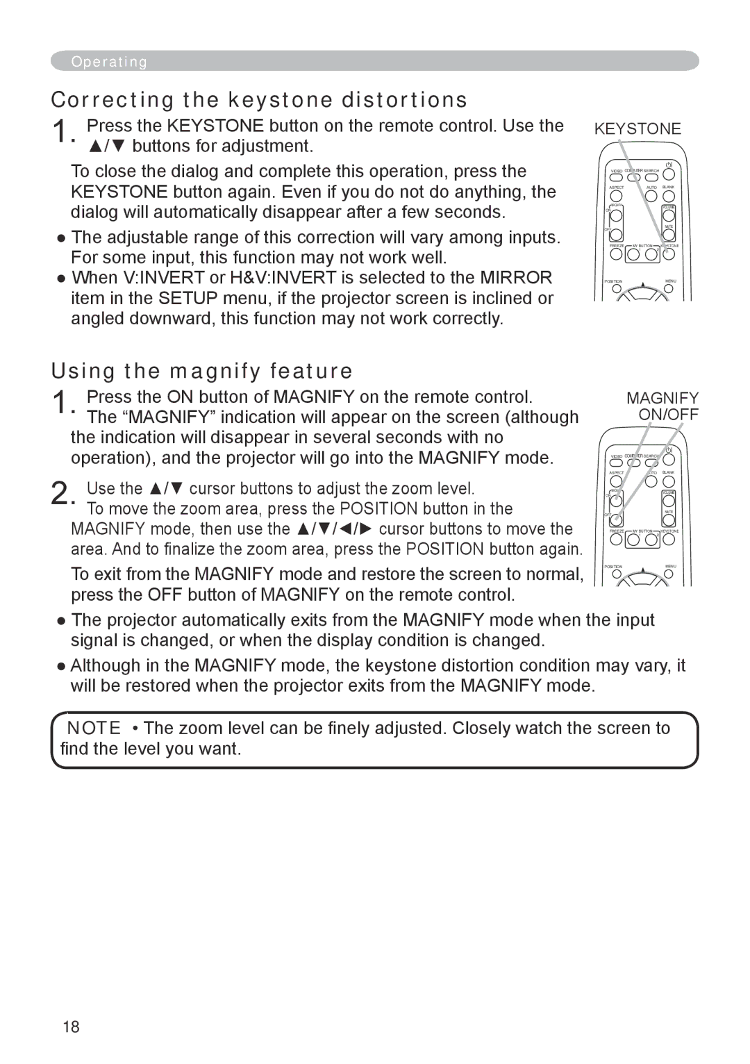 Hitachi CP-RX70 user manual Correcting the keystone distortions, Using the magnify feature 