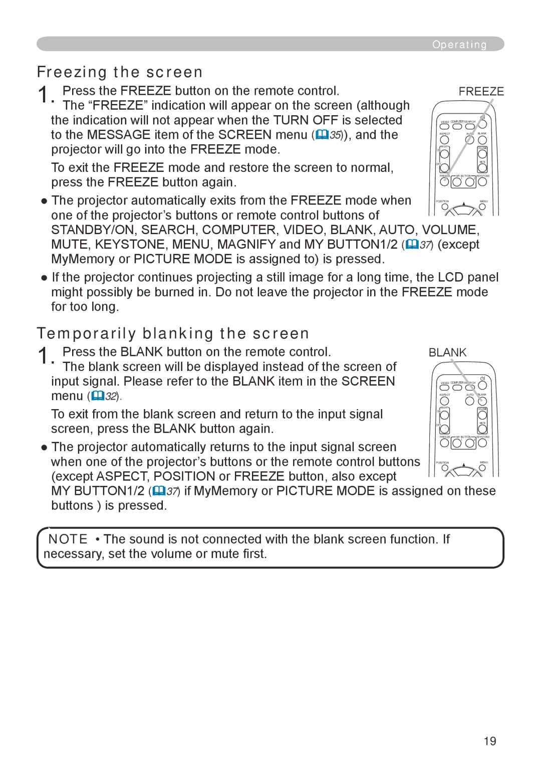 Hitachi CP-RX70 user manual Freezing the screen, Temporarily blanking the screen 