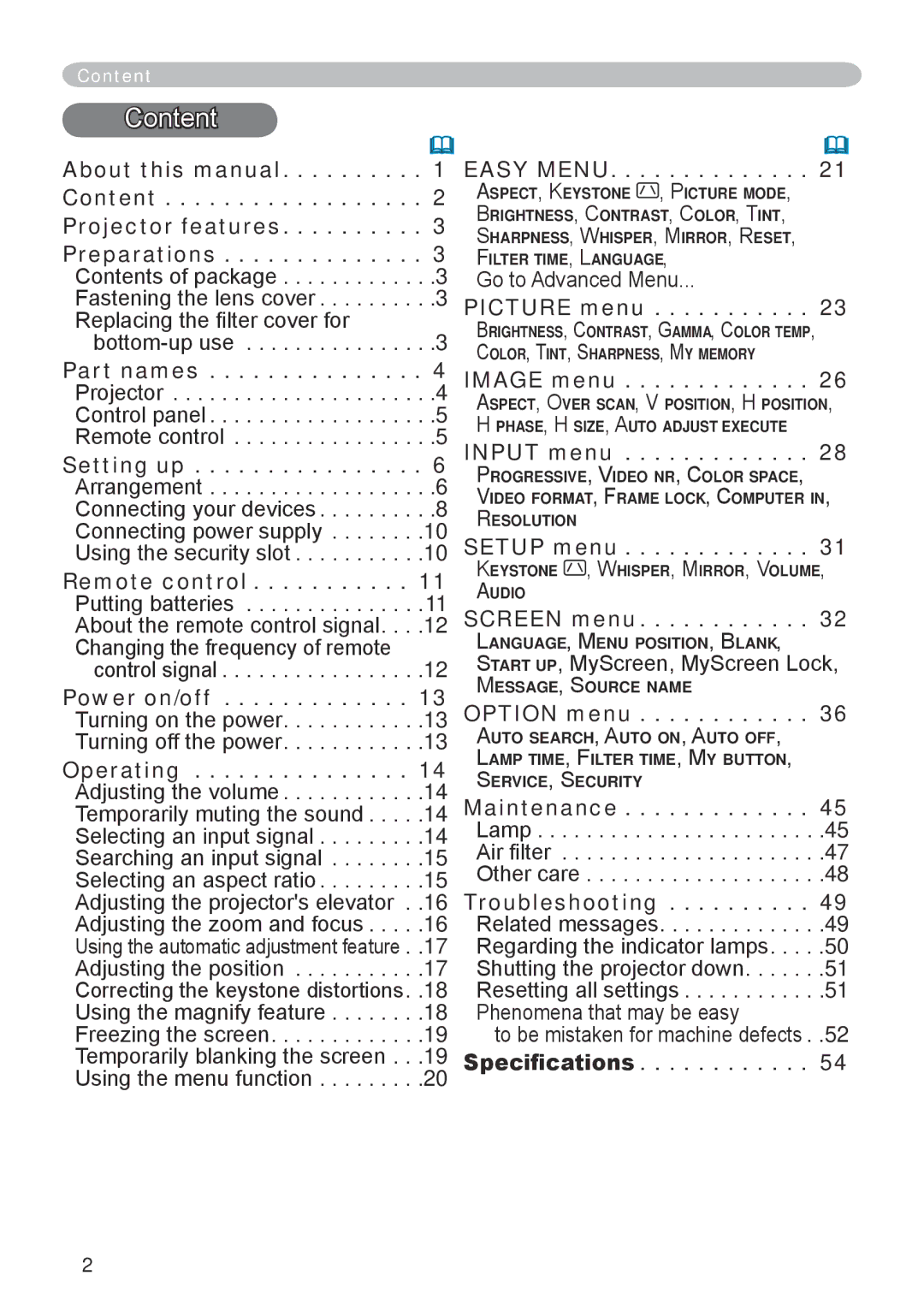 Hitachi CP-RX70 user manual Content 