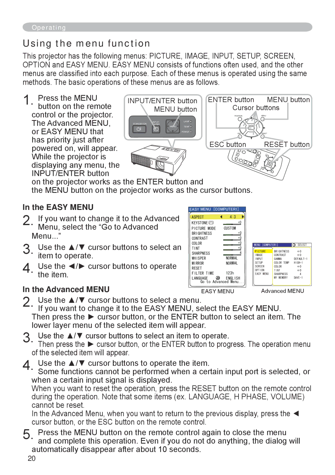 Hitachi CP-RX70 user manual Using the menu function, Easy Menu, Advanced Menu 