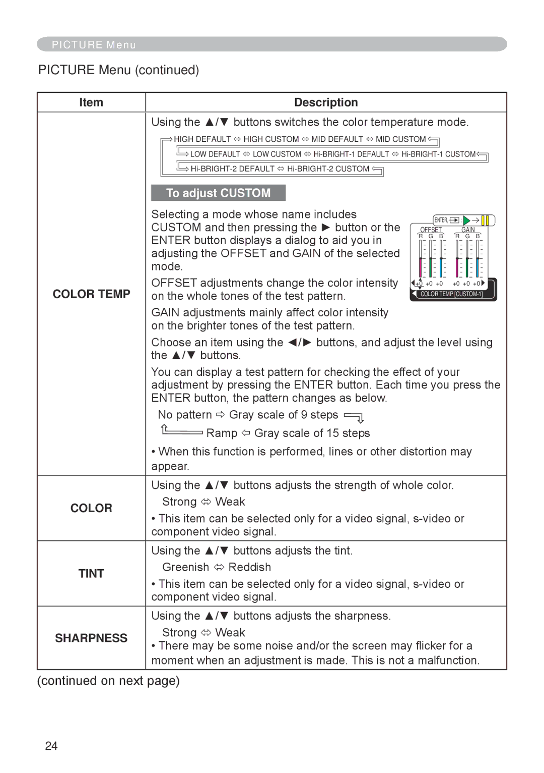 Hitachi CP-RX70 user manual Picture Menu, Using the / buttons switches the color temperature mode 