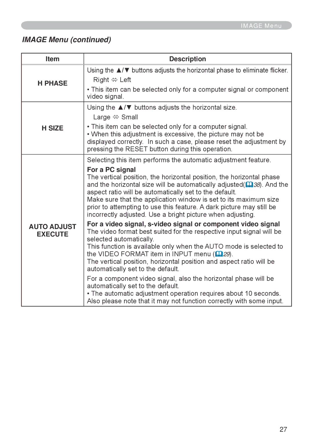 Hitachi CP-RX70 user manual Image Menu, Phase, Size, Auto Adjust, Execute 