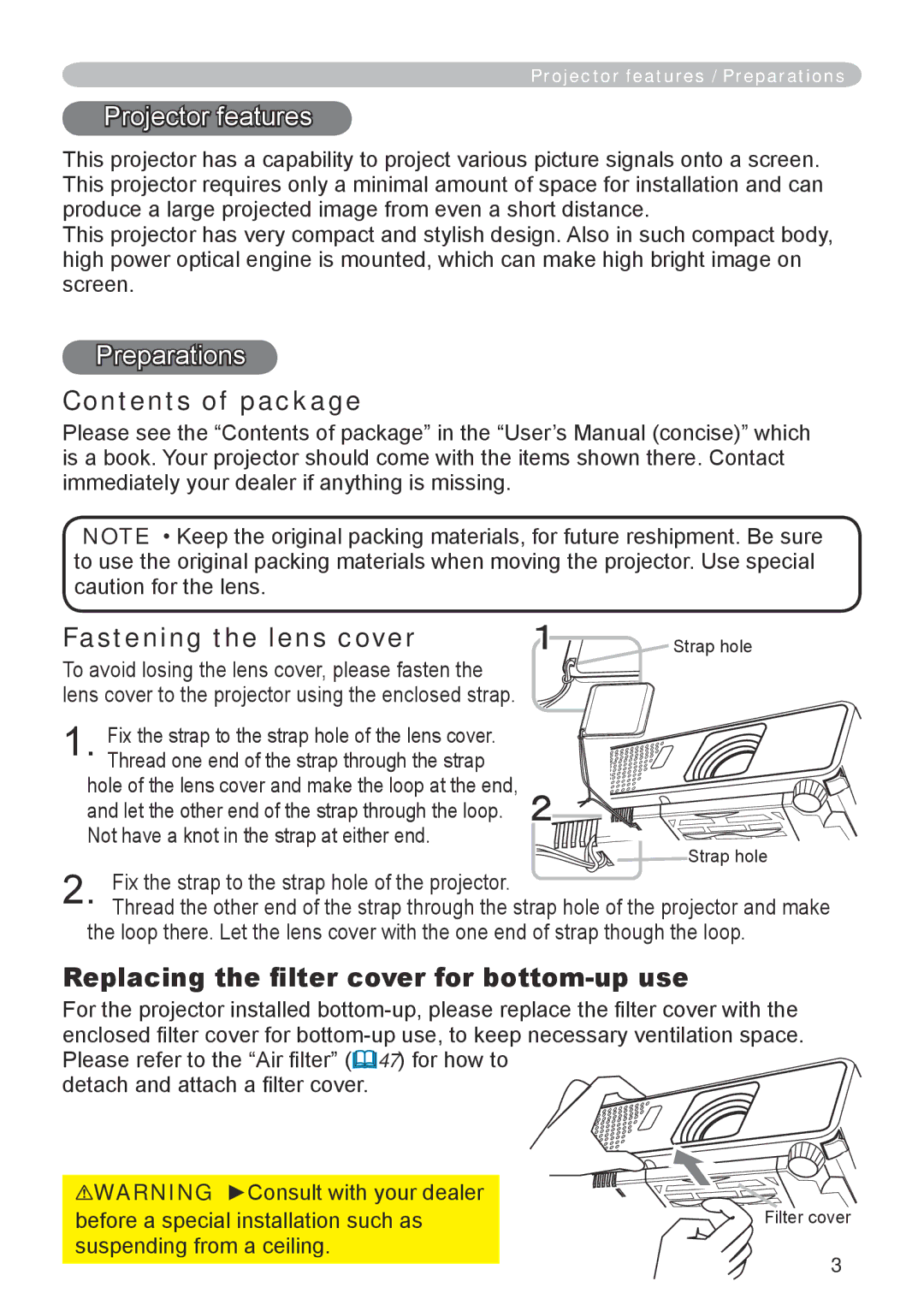 Hitachi CP-RX70 user manual Contents of package, Fastening the lens cover, Replacing the filter cover for bottom-up use 