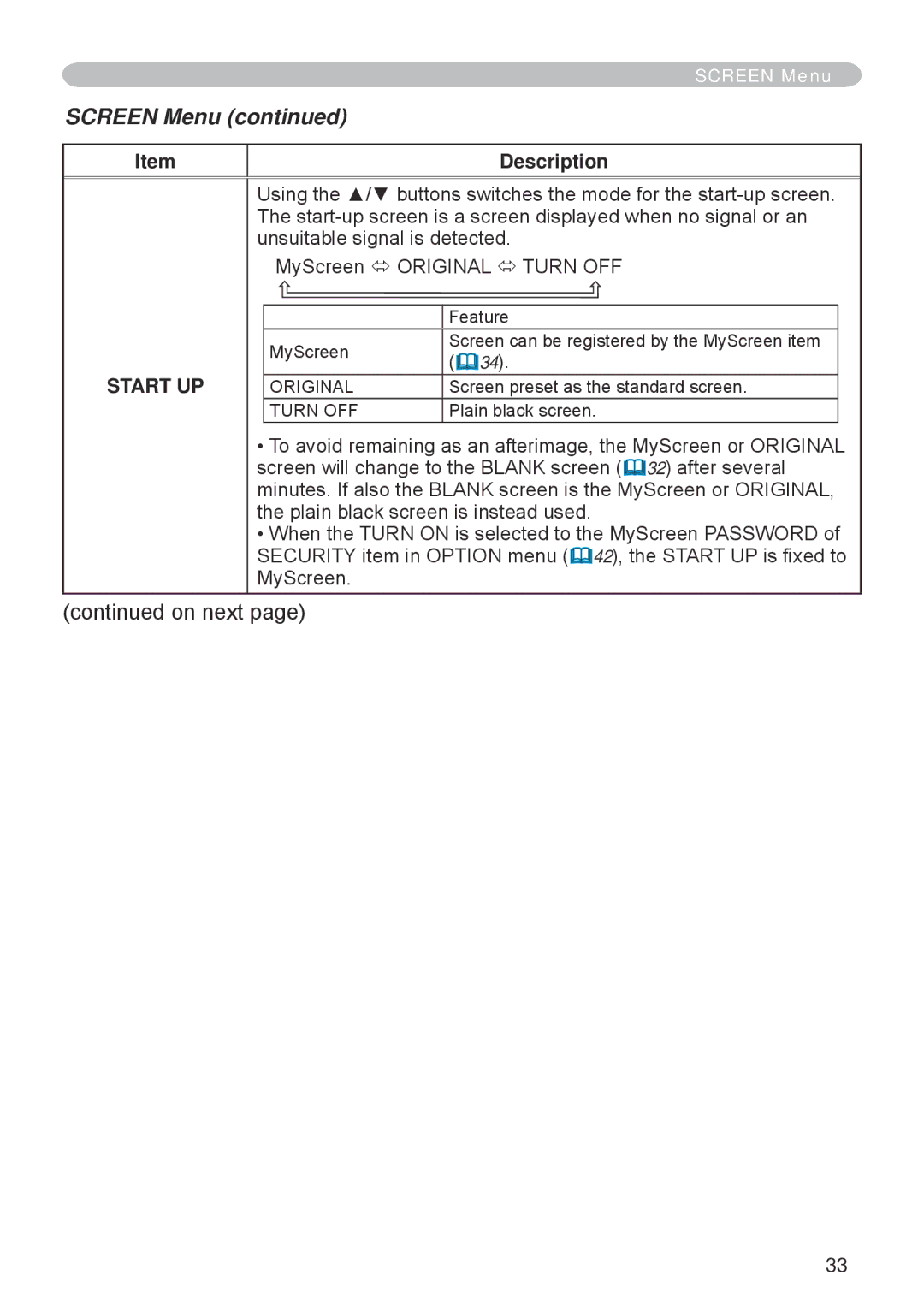 Hitachi CP-RX70 user manual Screen Menu, Start UP 