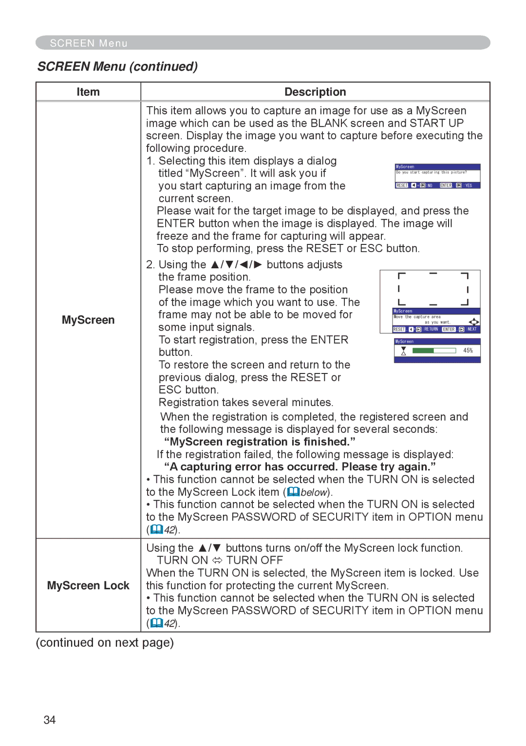 Hitachi CP-RX70 user manual MyScreen registration is finished, Capturing error has occurred. Please try again 