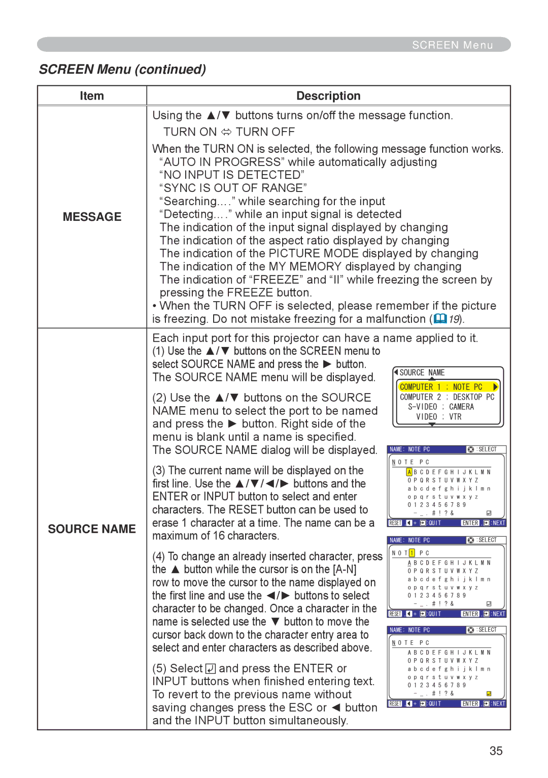 Hitachi CP-RX70 user manual Message, Source Name 