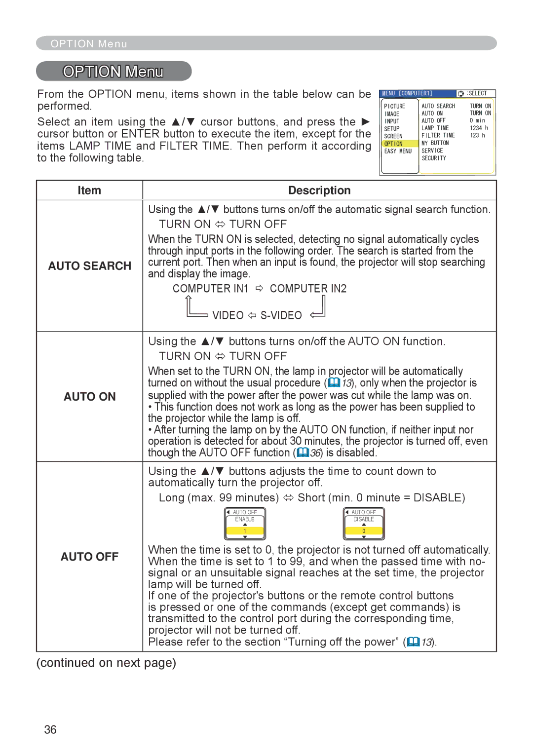 Hitachi CP-RX70 user manual Option Menu, Auto Search, Auto on, Auto OFF 