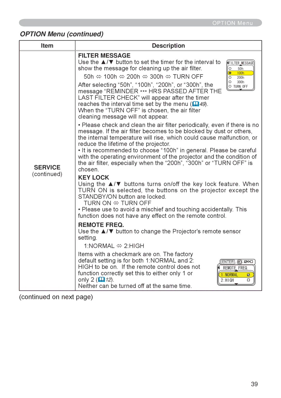 Hitachi CP-RX70 user manual Filter Message, Service, KEY Lock, Remote Freq 