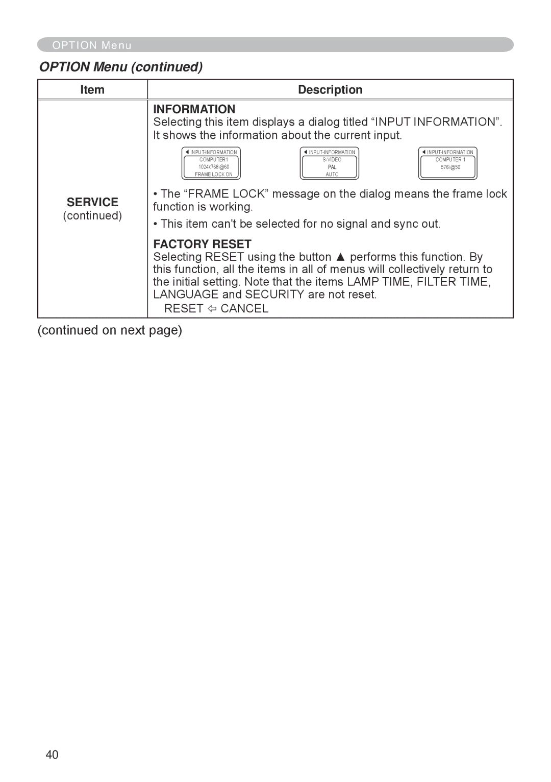 Hitachi CP-RX70 user manual Information, It shows the information about the current input, Factory Reset 