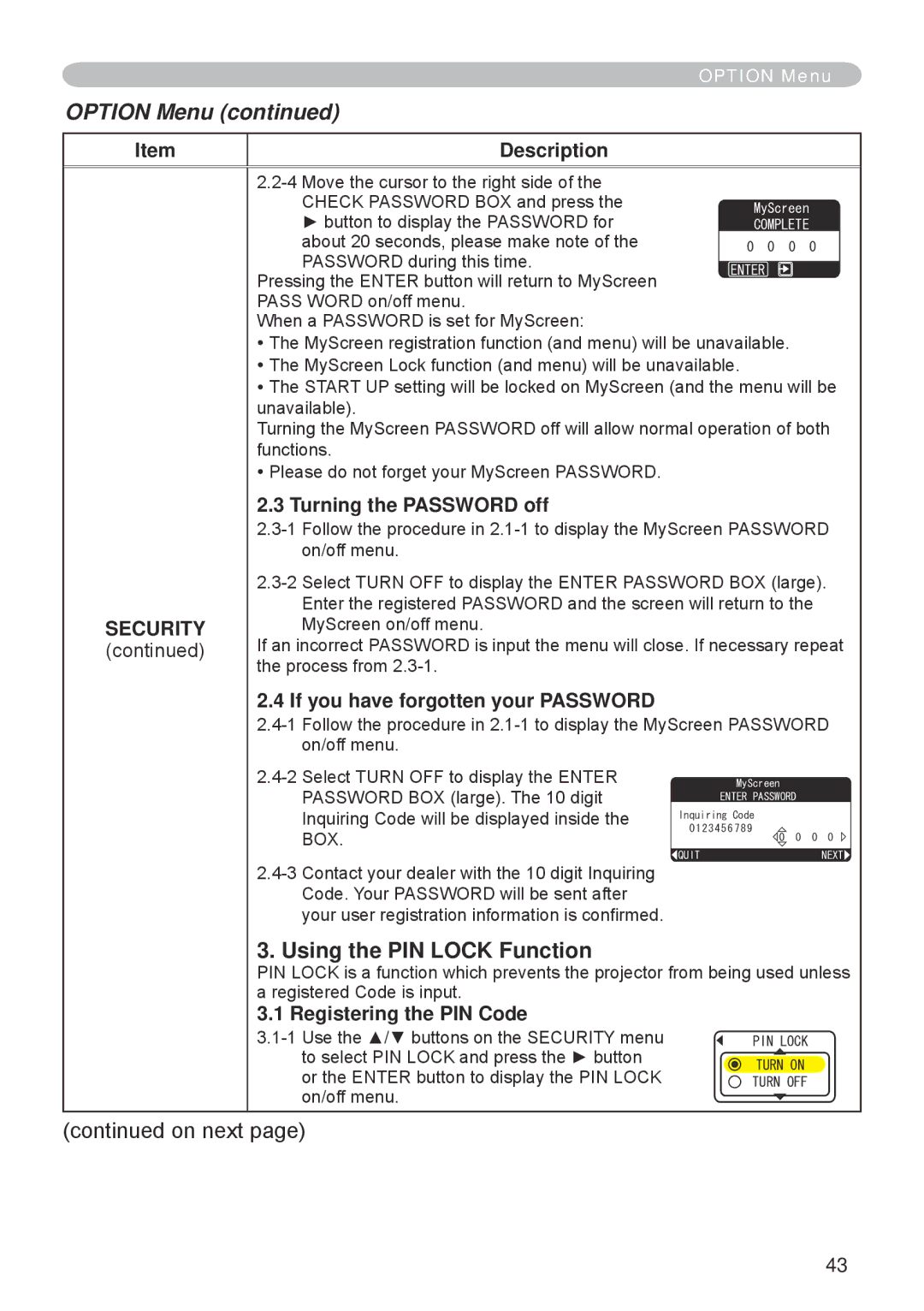 Hitachi CP-RX70 user manual Using the PIN Lock Function, Security, Turning the Password off, Registering the PIN Code 