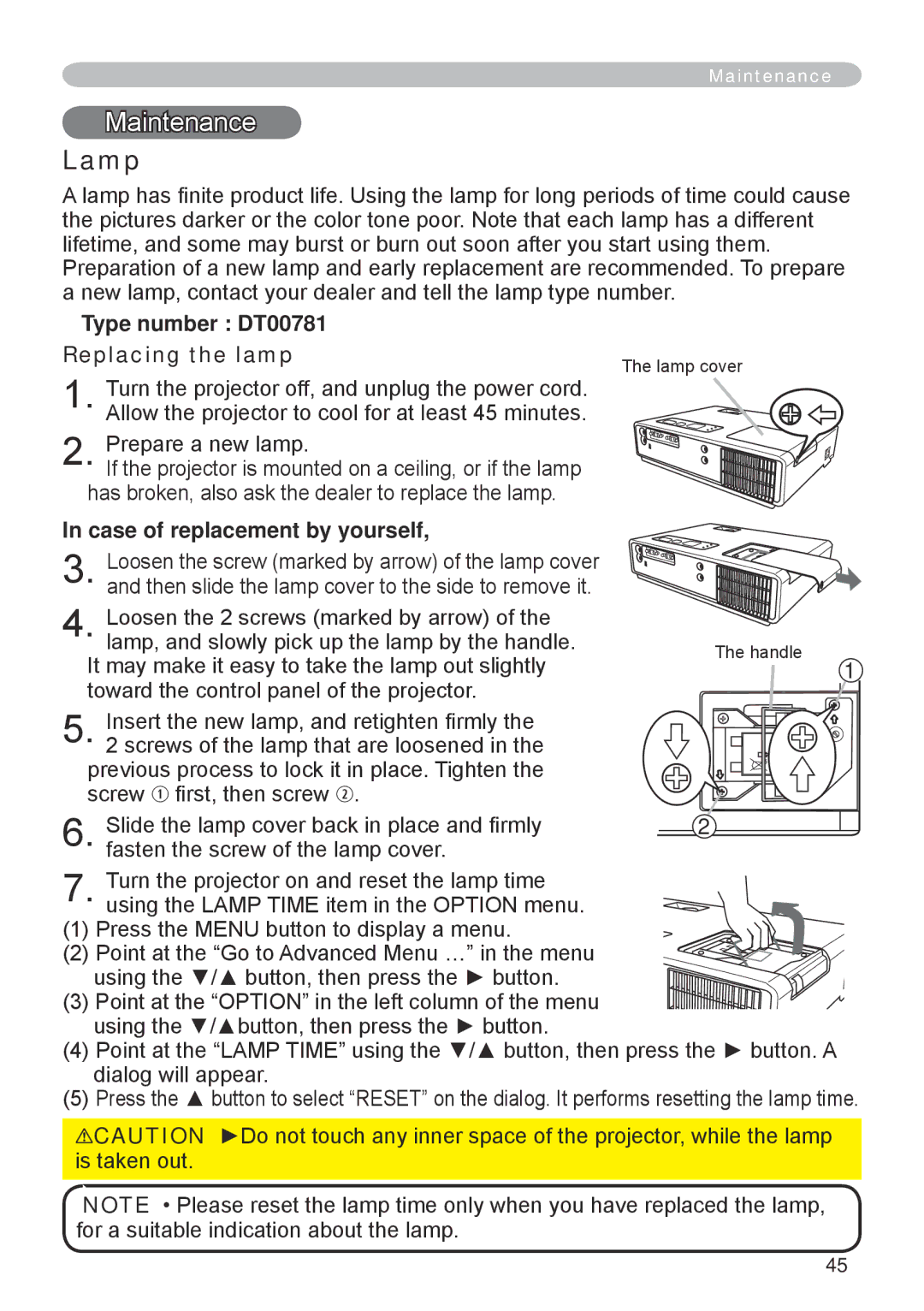 Hitachi CP-RX70 user manual Maintenance, Lamp, Type number DT00781 Replacing the lamp, Case of replacement by yourself 