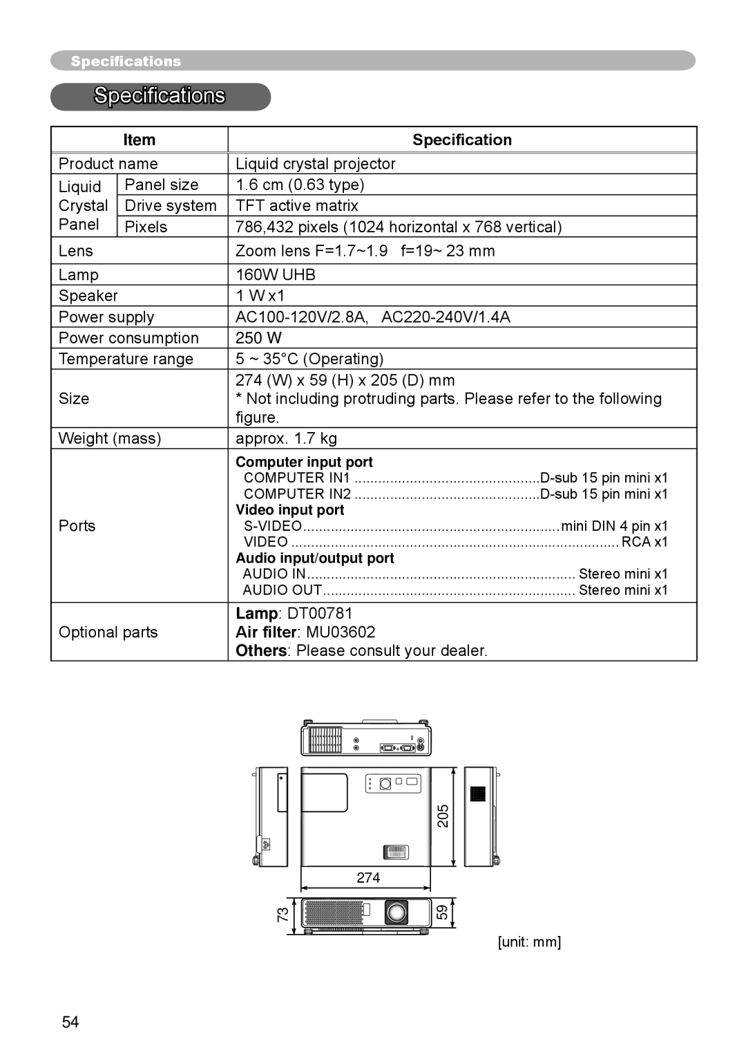 Hitachi CP-RX70 user manual Specifications, Air filter MU03602 