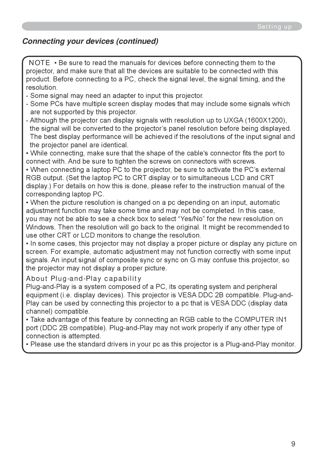 Hitachi CP-RX70 user manual Connecting your devices, About Plug-and-Play capability 