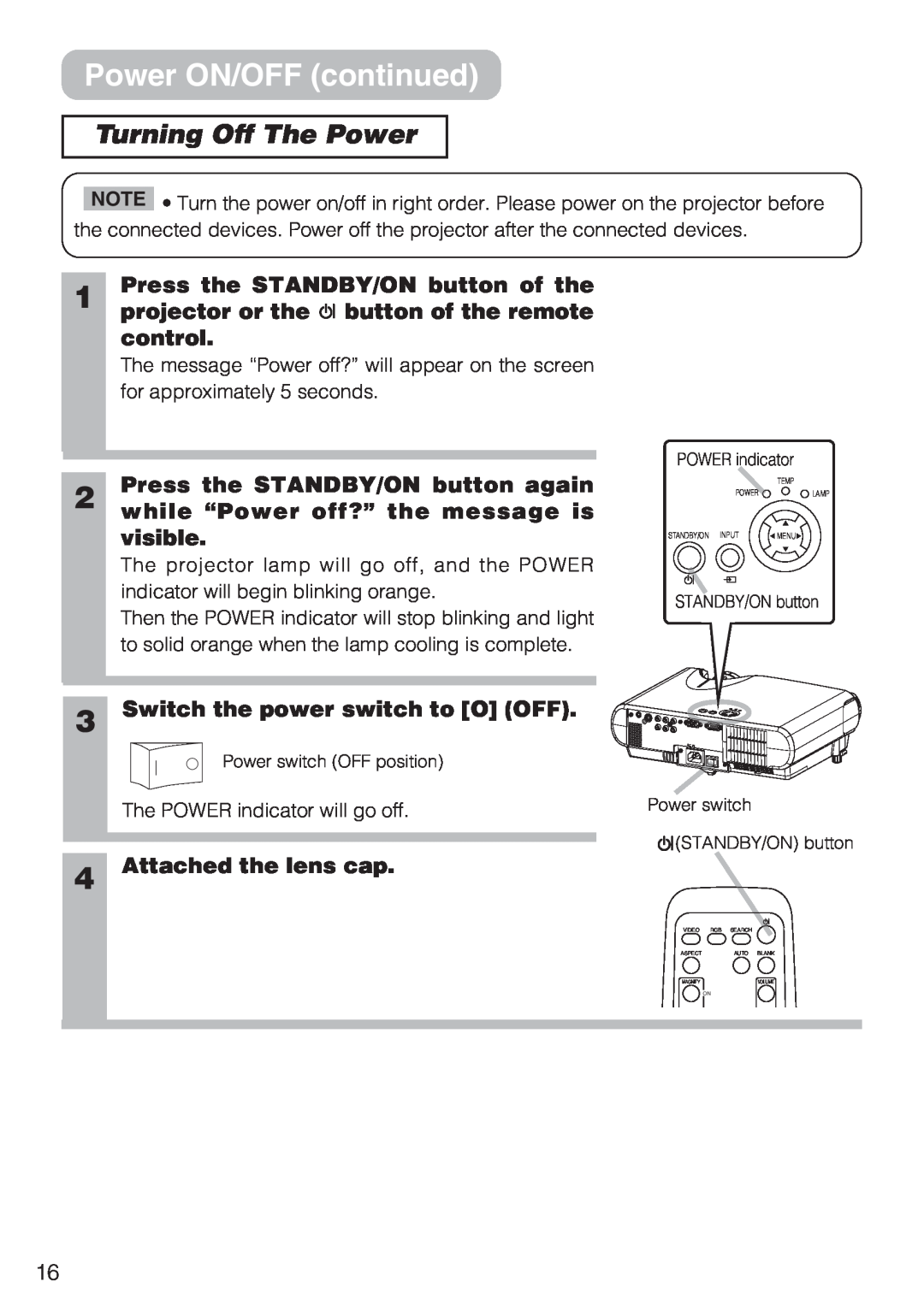 Hitachi CP-S210T Turning Off The Power, Switch the power switch to O OFF, Attached the lens cap, Power ON/OFF continued 