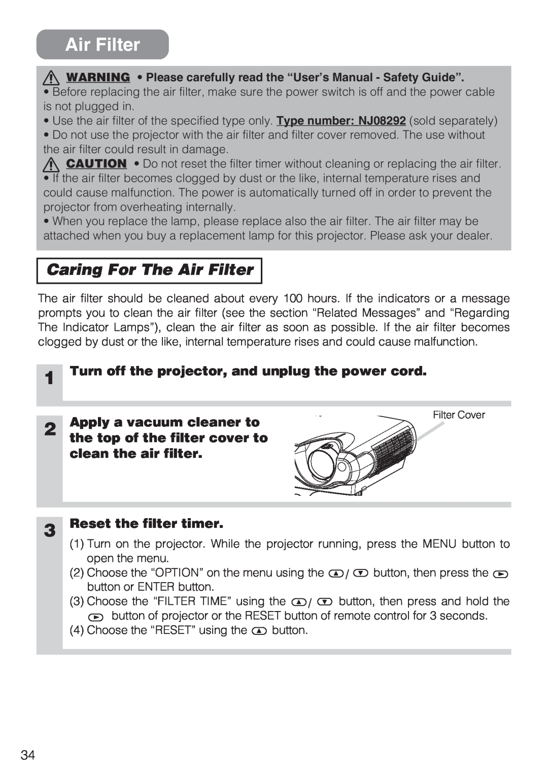 Hitachi CP-S210T, CP-S210F user manual Caring For The Air Filter, Turn off the projector, and unplug the power cord 