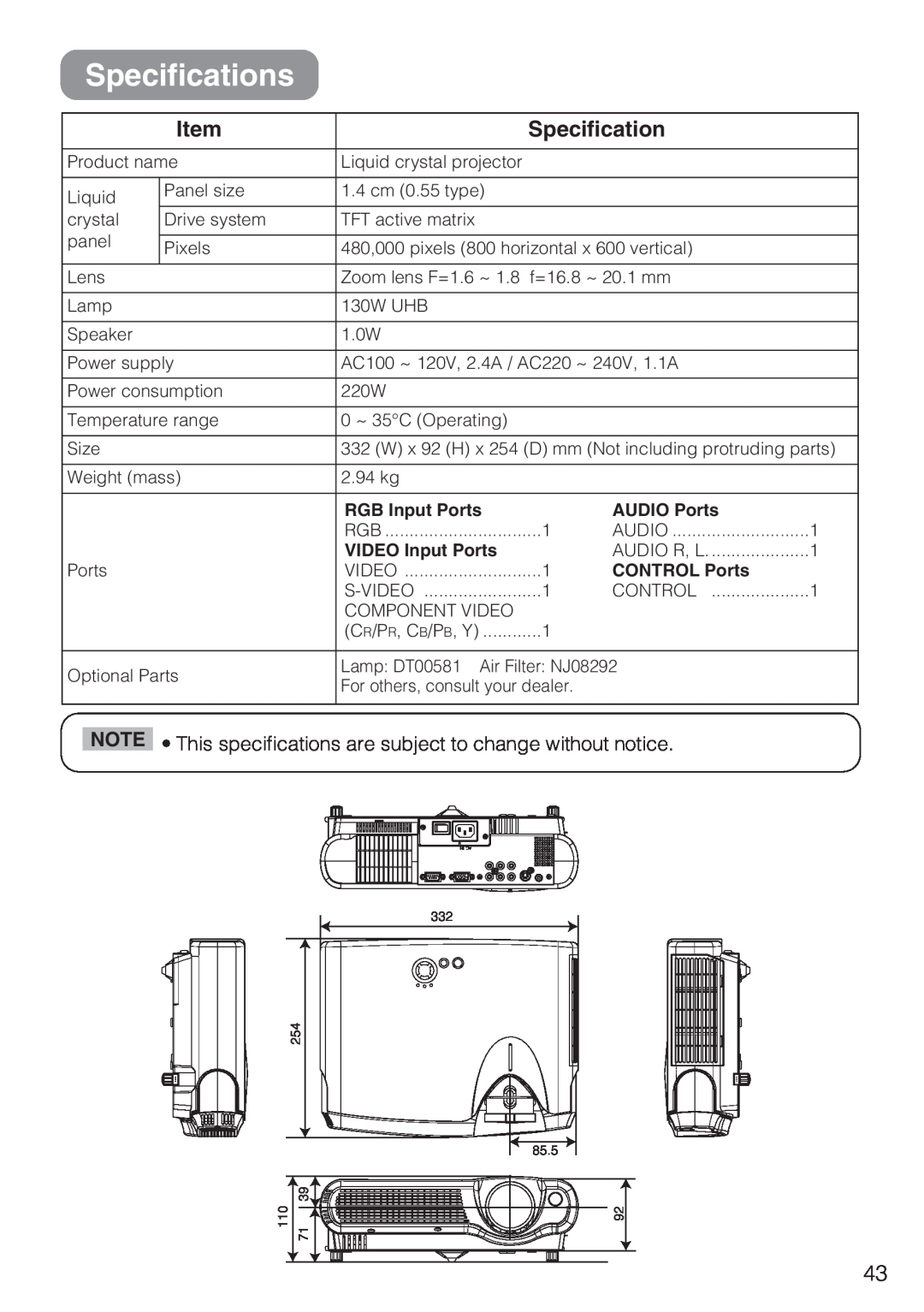 Hitachi CP-S210T, CP-S210F user manual Specifications, Item 