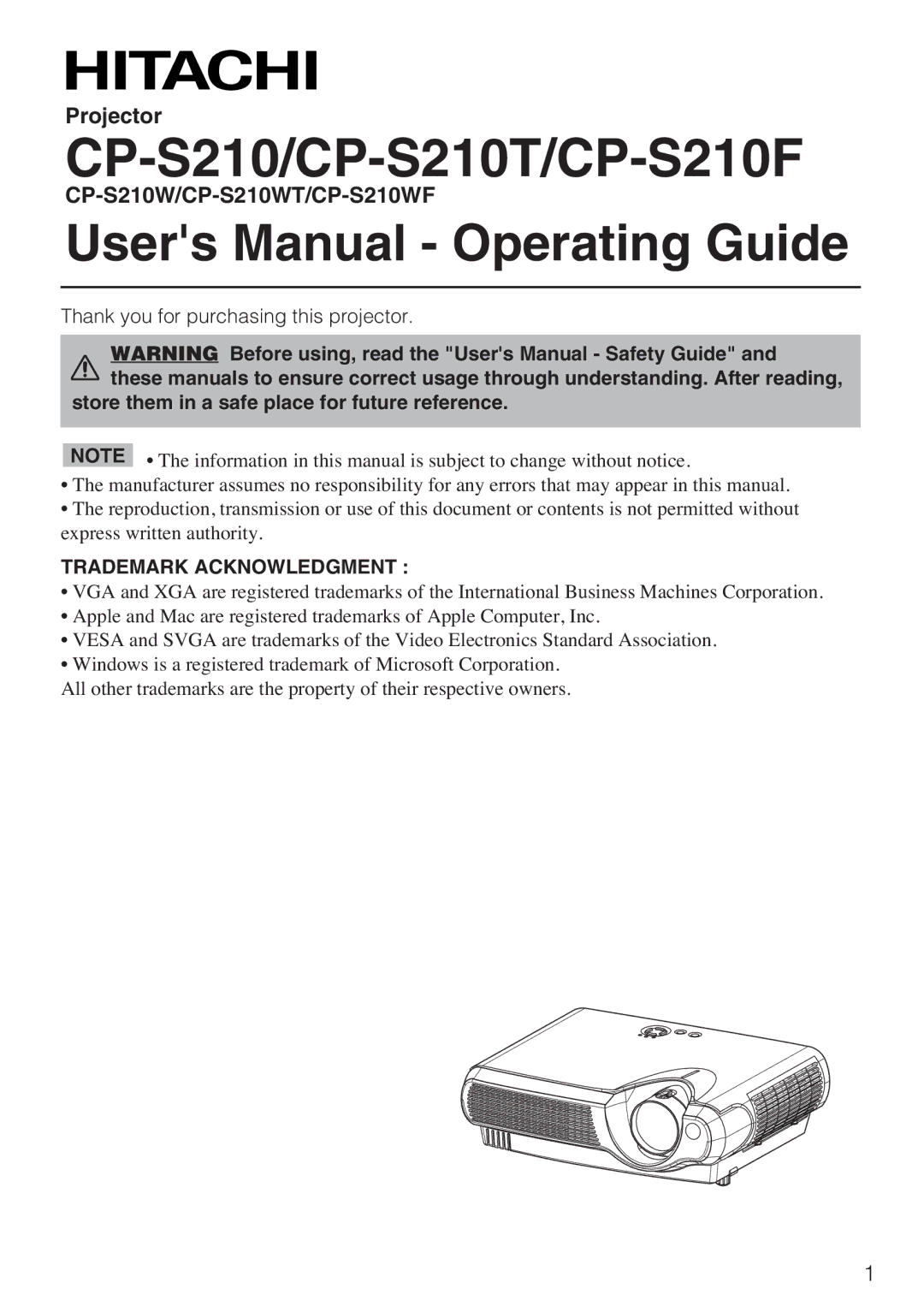 Hitachi CP-S210T, CP-S210F user manual Projector, CP-S210W/CP-S210WT/CP-S210WF 