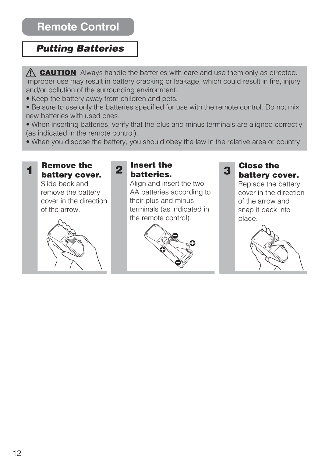 Hitachi CP-S210T Remote Control, Putting Batteries, Remove Battery cover, Insert Batteries, Close Battery cover 