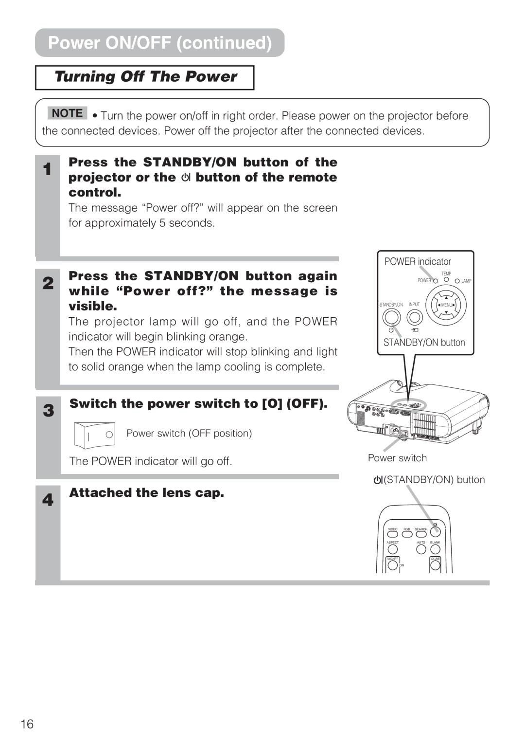 Hitachi CP-S210T, CP-S210F user manual Turning Off The Power, Switch the power switch to O OFF, Attached the lens cap 