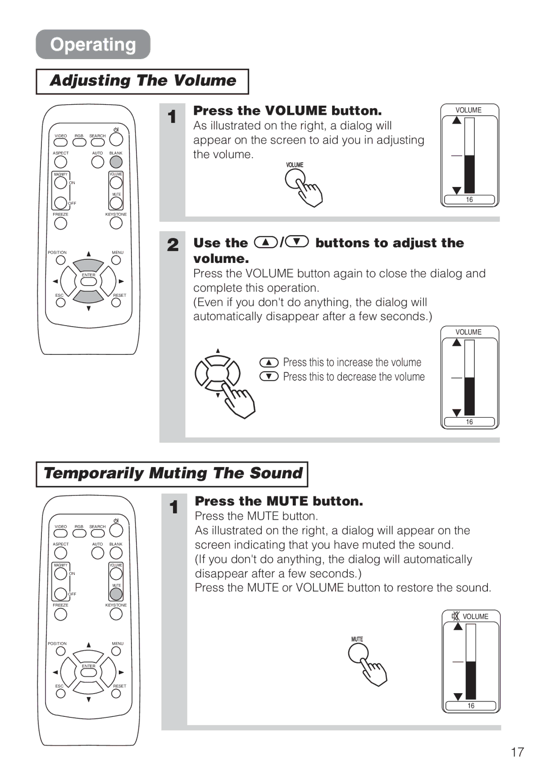 Hitachi CP-S210F, CP-S210T user manual Operating, Adjusting The Volume, Temporarily Muting The Sound 