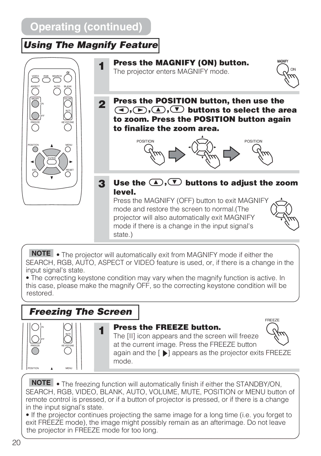 Hitachi CP-S210F Using The Magnify Feature, Freezing The Screen, Press the Magnify on button, Press the Freeze button 