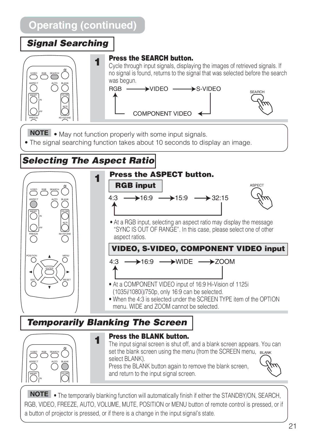 Hitachi CP-S210T, CP-S210F user manual Signal Searching, Selecting The Aspect Ratio, Temporarily Blanking The Screen 