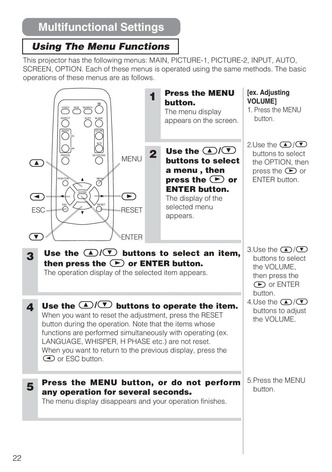 Hitachi CP-S210T, CP-S210F user manual Multifunctional Settings, Using The Menu Functions 