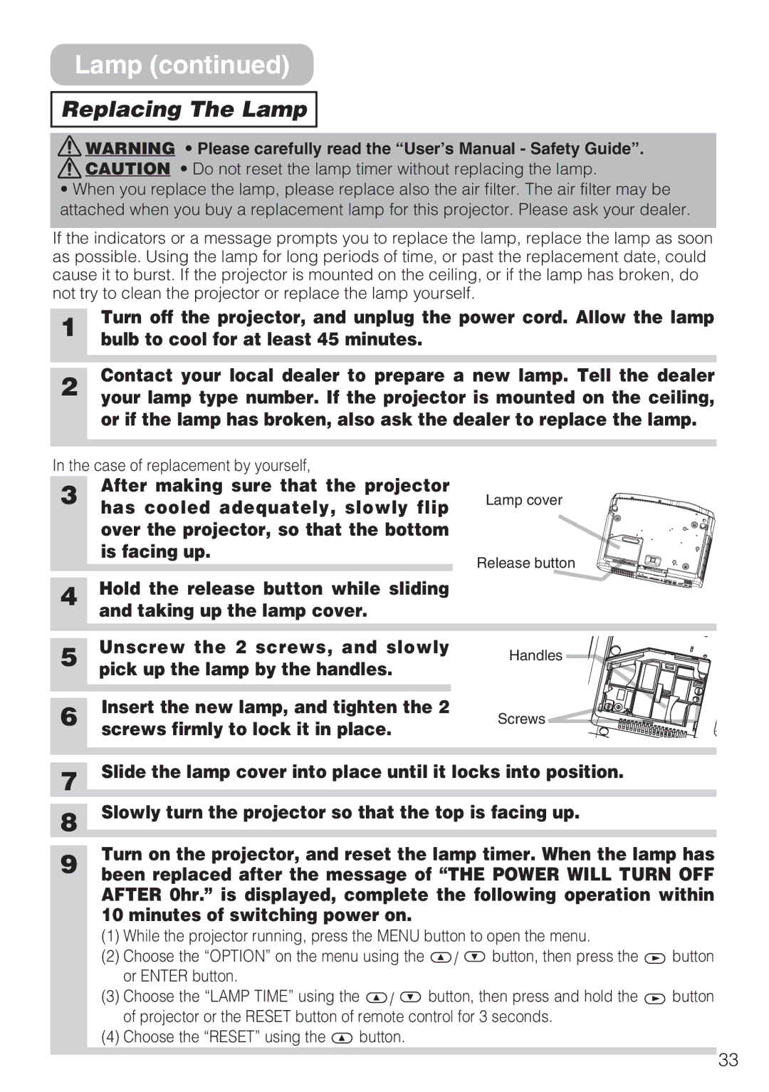 Hitachi CP-S210T, CP-S210F user manual Replacing The Lamp 