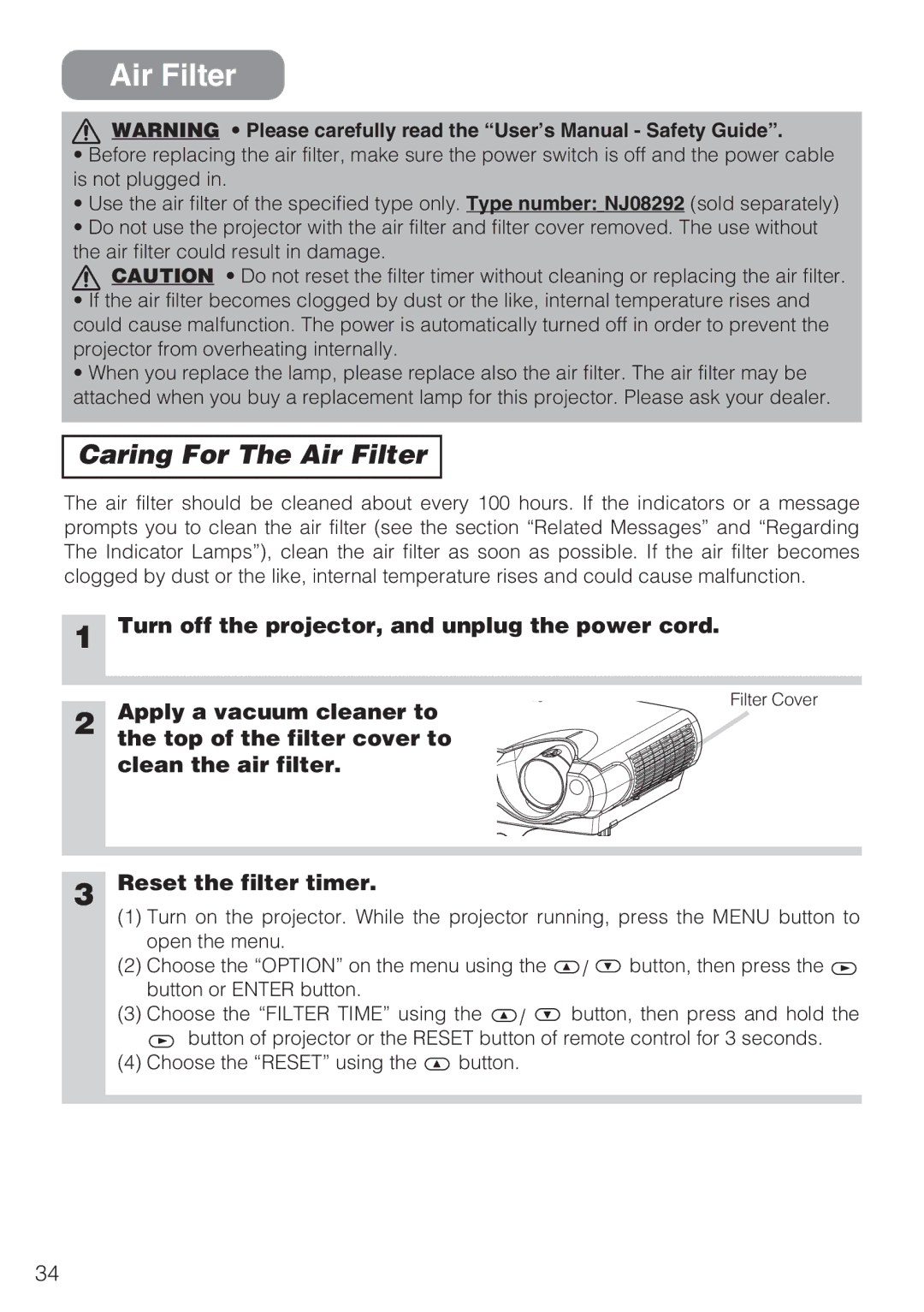 Hitachi CP-S210T, CP-S210F user manual Caring For The Air Filter 