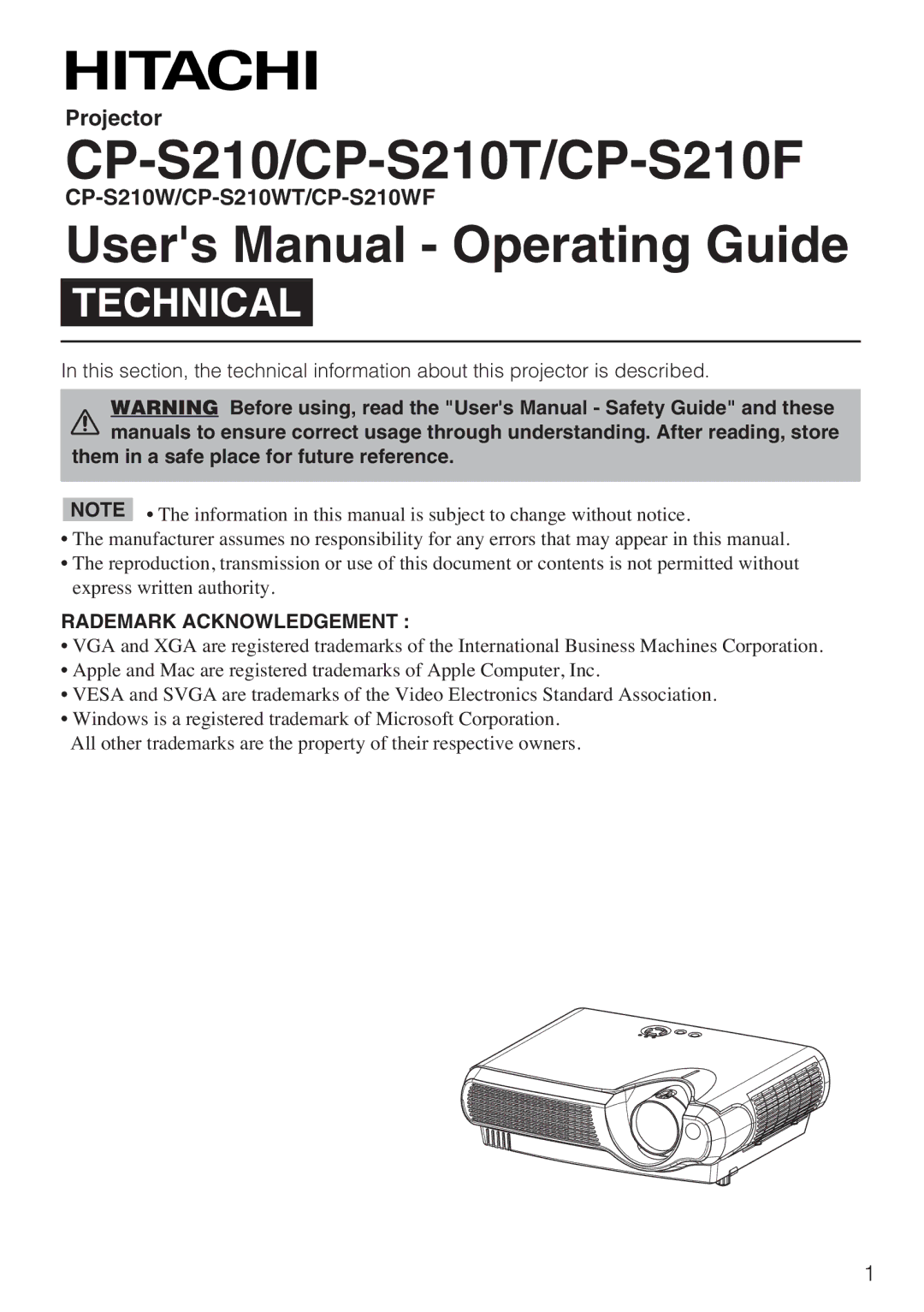 Hitachi CP-S210F, CP-S210T user manual Technical 