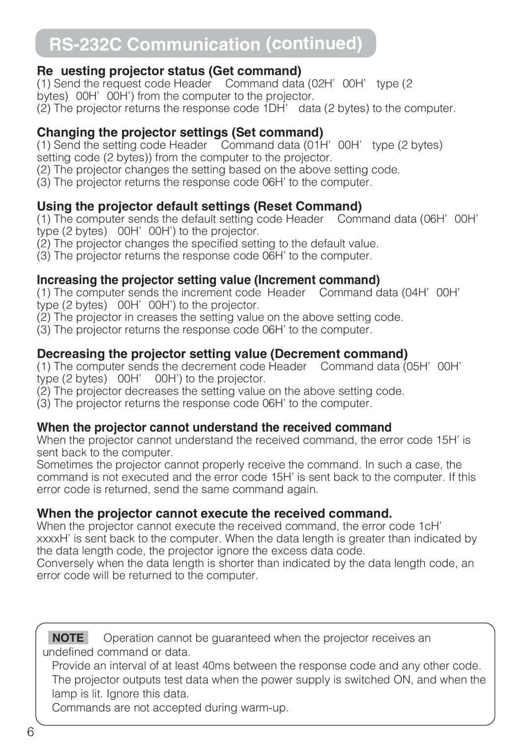 Hitachi CP-S210T, CP-S210F user manual Requesting projector status Get command, Changing the projector settings Set command 