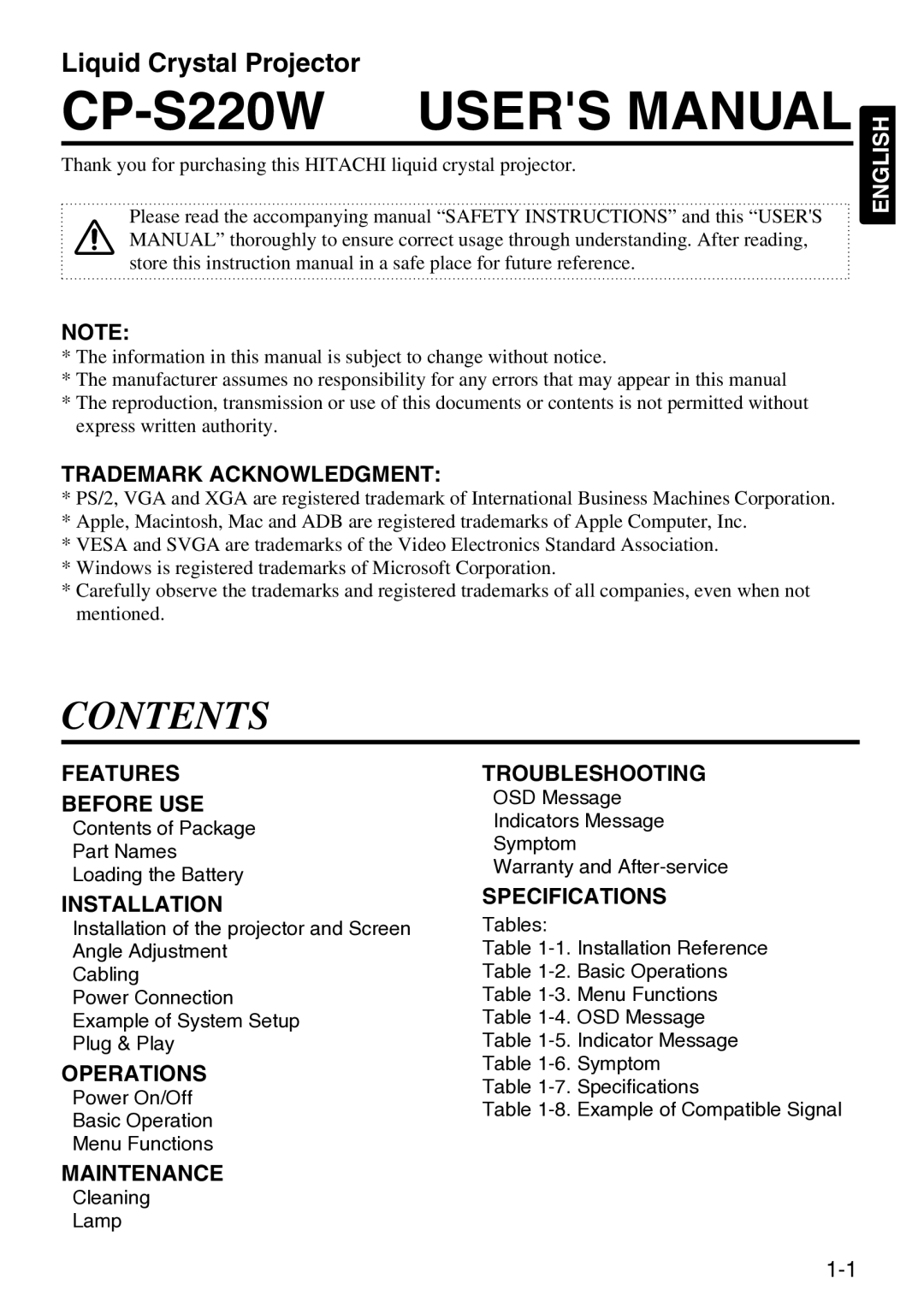 Hitachi CP-S220W user manual Contents 