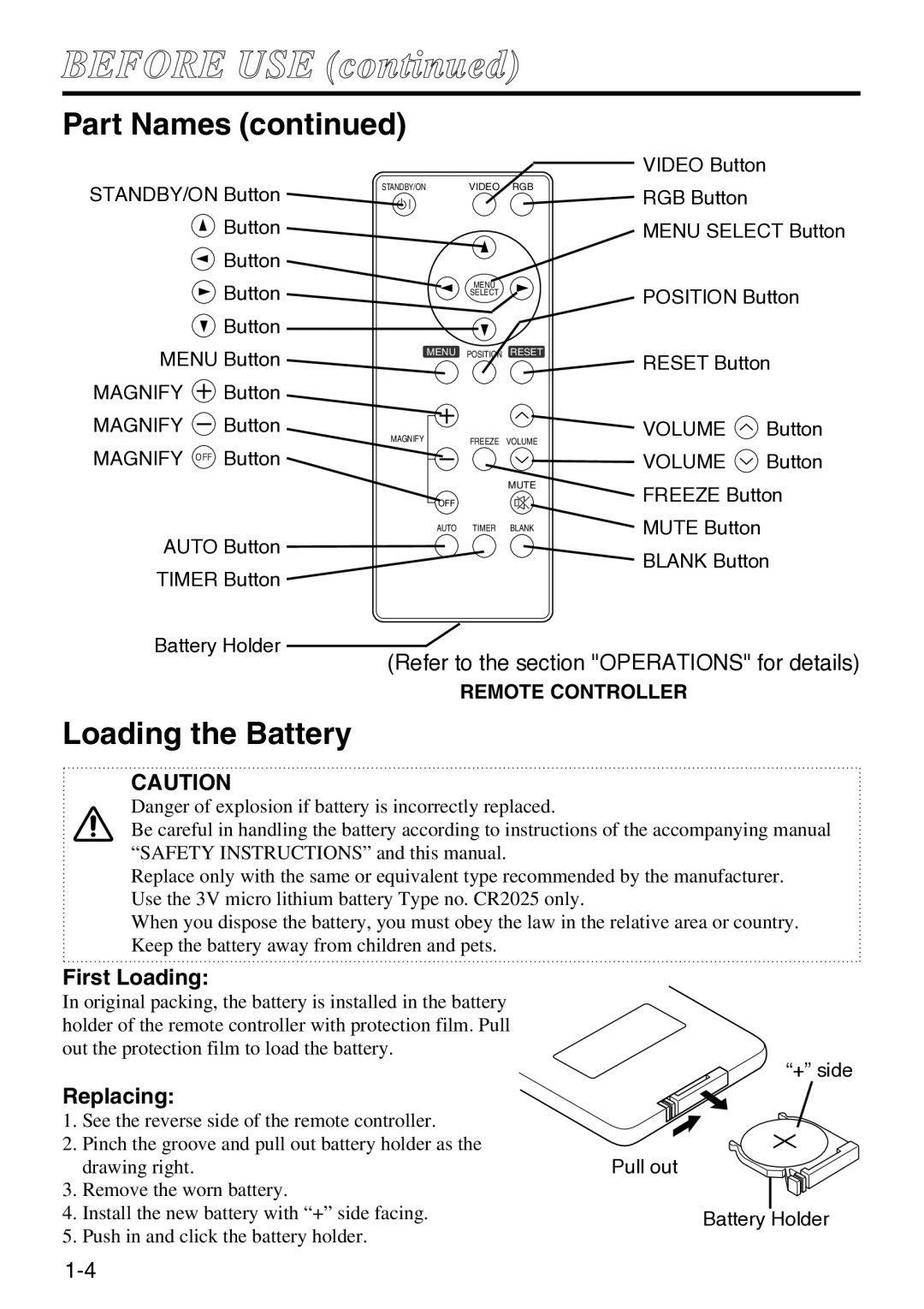 Hitachi CP-S220W user manual Loading the Battery, First Loading, Replacing, Volume 