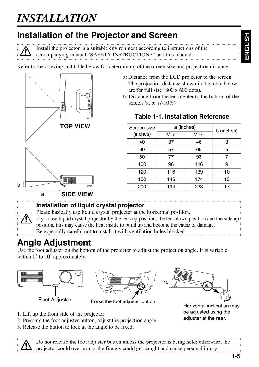 Hitachi CP-S220W user manual Installation of the Projector and Screen, Angle Adjustment, Installation Reference 