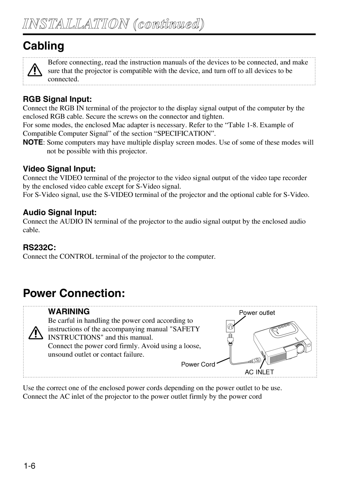 Hitachi CP-S220W user manual Installation, Cabling, Power Connection 